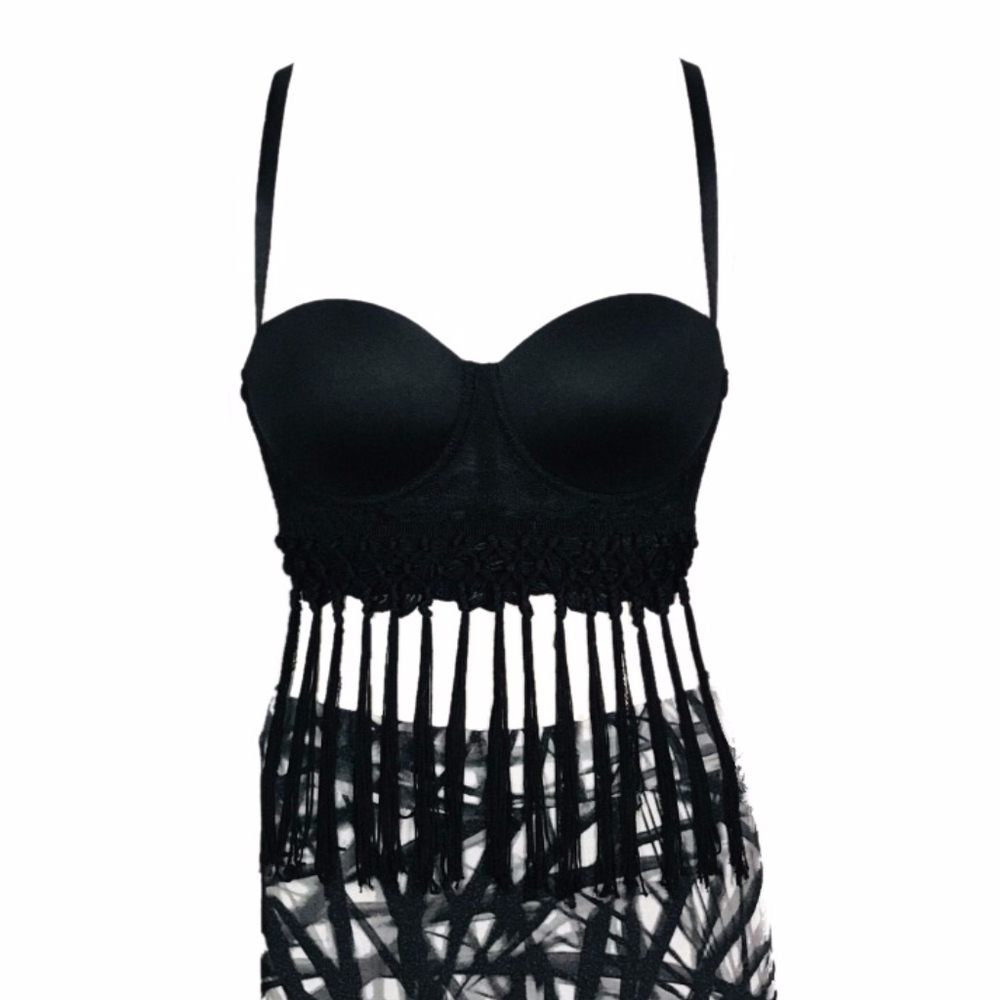 bebe Black Fringe Bustier Crop Top